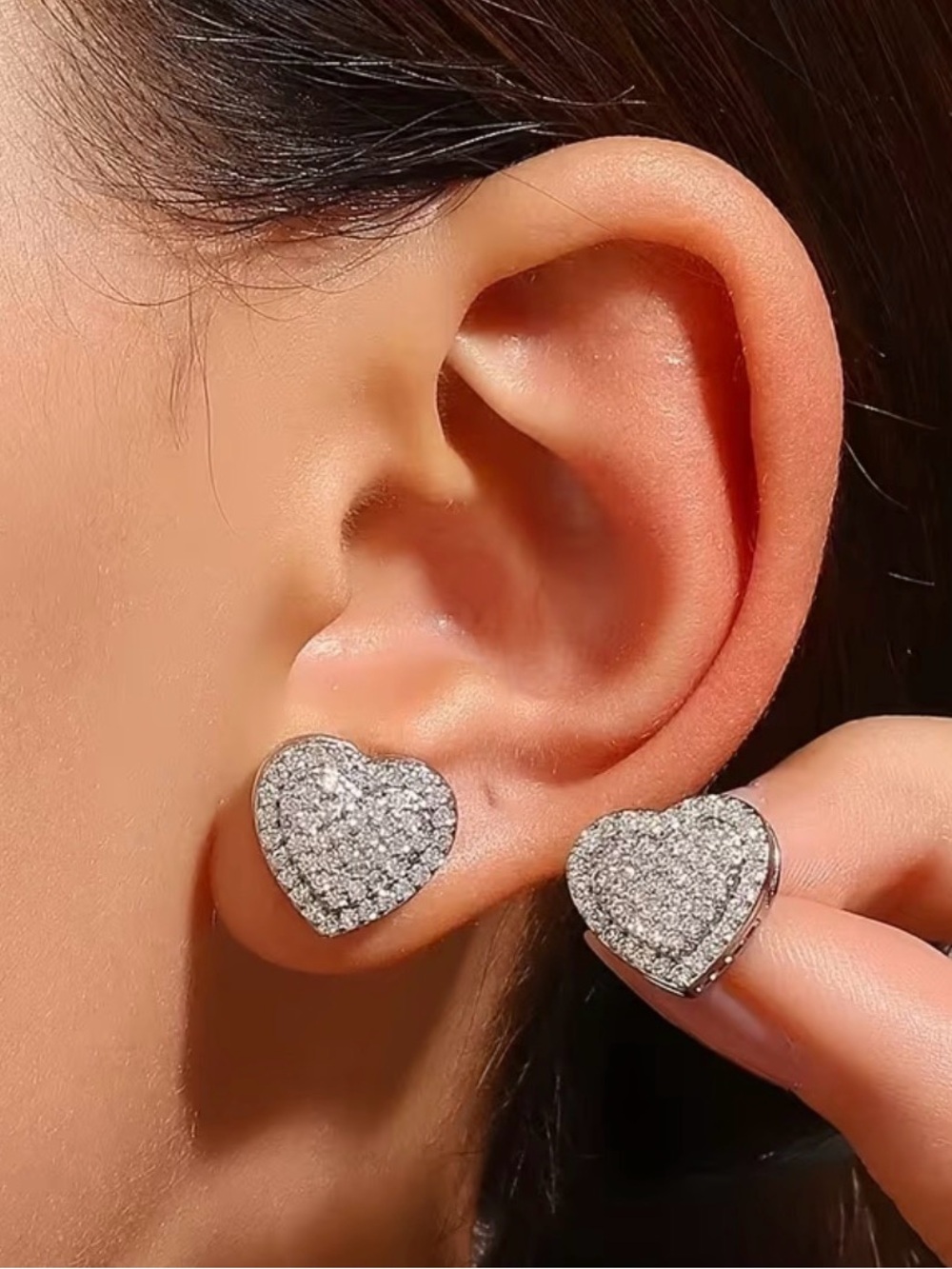 Sparkling Heart Pavé Stud Earrings - Silver Tone